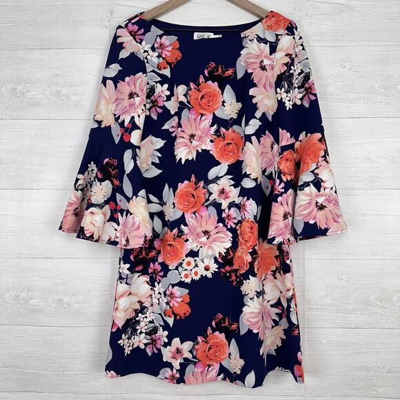 Eliza J Floral Print Shift Dress 12 Navy Blue Pink Bell Sleeve Wedding Guest - Picture 2 of 15